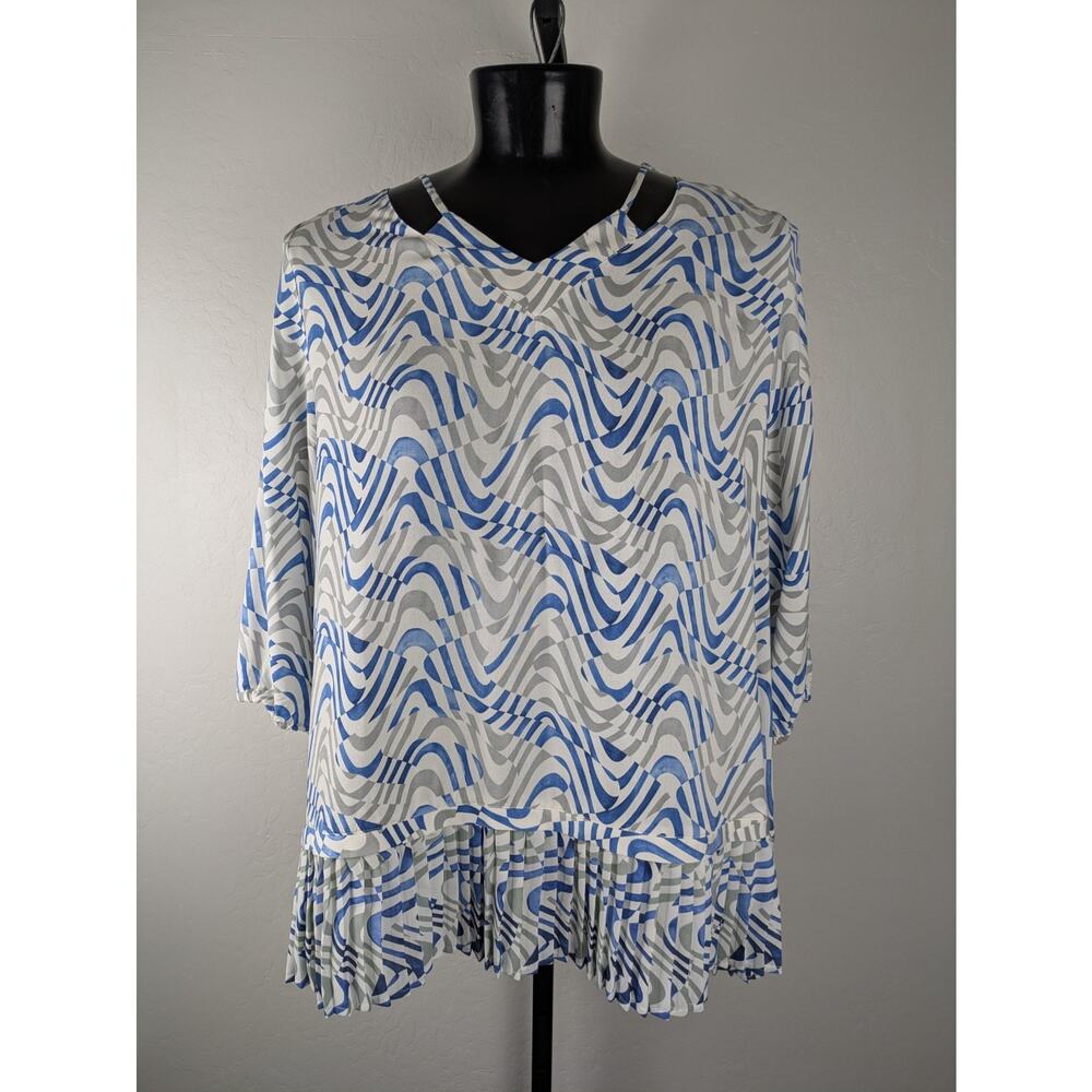 Ulla Popken Cut Out V-neck Blouse Blue White Gray Geometric Print